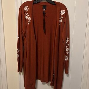 NWT Aaeda Rust Orange & White Floral Embroidered Cardigan Sweater | Women's XL